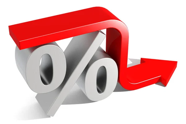 stock image Red fall arrow with percent sign isolated, 3d rendering