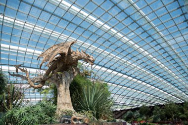 Singapur - 16-Haziran 2023 Singapur 'daki Çiçek Kubbesi' nde bir ejderhanın büyük kahverengi heykeli. Çiçek Kubbesi Guinness 'in en büyük cam sera rekorunu elinde tutuyor..