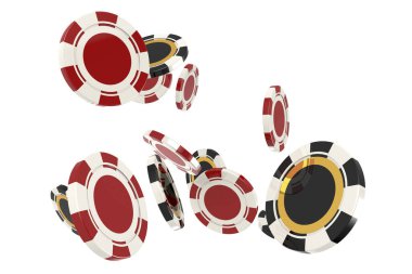 Kırmızı ve siyah poker çipleri etrafta uçuşuyor, 3D görüntüleme