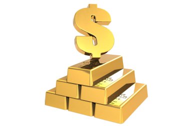 Altın dolarlar işaretli altın külçeler, izole edilmiş, 3 boyutlu
