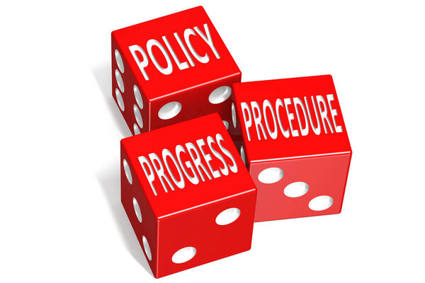 Policy, progress and procedure word on red dices, 3d rendering