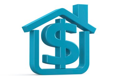 Dolar işaretli ev simgesi mavi, 3D görüntüleme