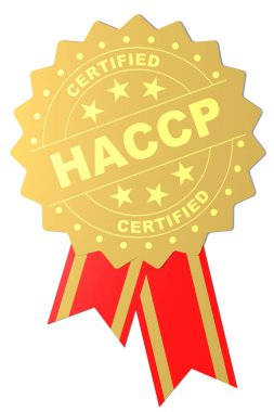 Altın mühür, 3 boyutlu görüntüleme için HACCP onaylı kelime. HACCP, gıda güvenliğini sağlayan bir yönetim sistemidir.