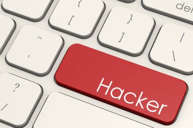 Kırmızı dizüstü bilgisayar klavyesindeki hacker kelimesi, 3D yorumlama