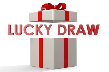 Open gift box with lucky draw word, 3d rendering clipart