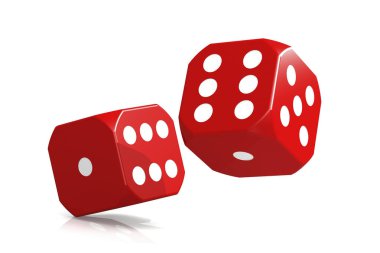 Kırmızı kumarhane zarları beyaz arka planda izole edilmiş, 3D görüntüleme