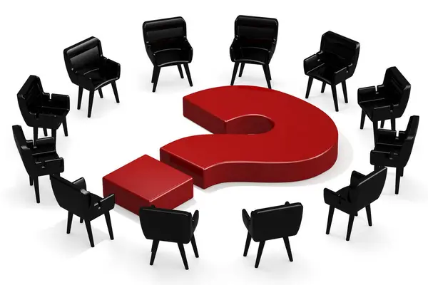 Sinal Ponto Interrogação Vermelho Com Cadeiras Renderização — Fotografia de Stock