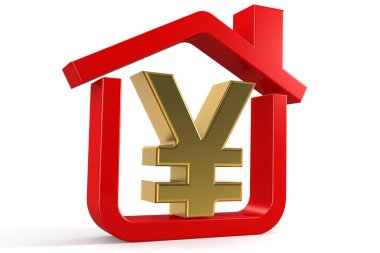 Kırmızı evdeki Altın Yen tabelası, 3 boyutlu.