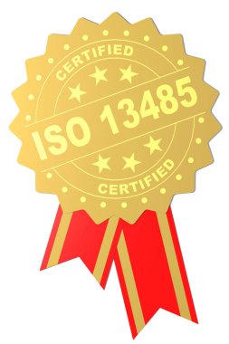 ISO 13485 altın mühür sertifikalı kelime, 3D tasvir. So 13485 kalite yönetim sistemi için gereksinimleri belirler 