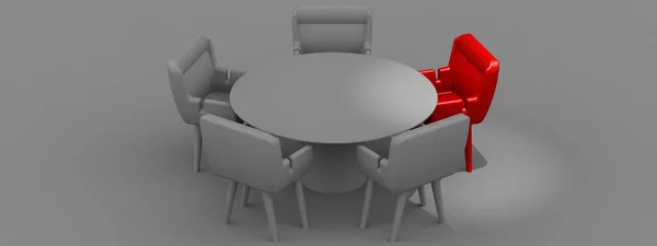 Liderlik Kavramı Kırmızı Sandalyeyle Yuvarlak Masayı Yönetiyor — Stok fotoğraf