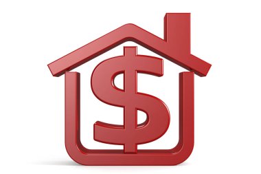 Dolar işaretli ev simgesi kırmızı, 3 boyutlu görüntüleme