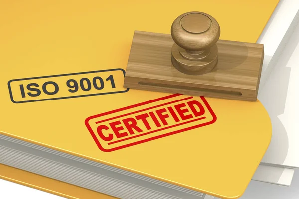 Iso 9001 Certified Stamp Yellow Folder Rendering — Stock Photo, Image