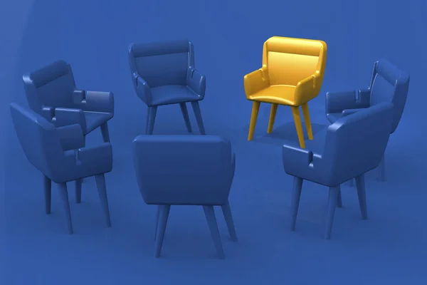 黄色い椅子は青い椅子 3Dレンダリングのグループを導きます — ストック写真