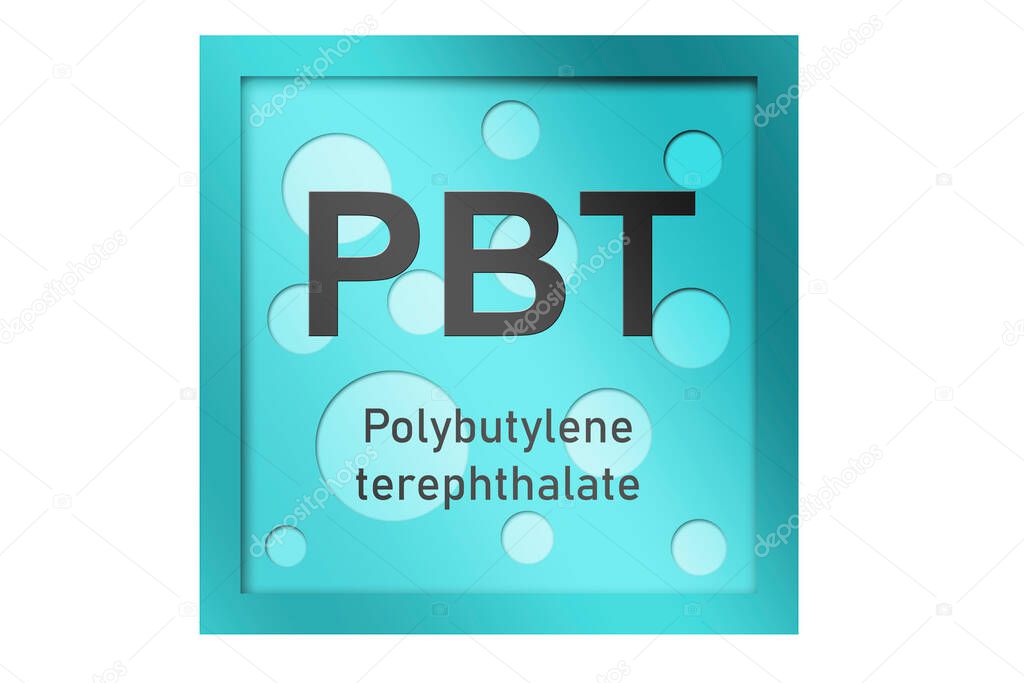 Polybutylene terephthalate (PBT) polymer on blue background, 3d rendering