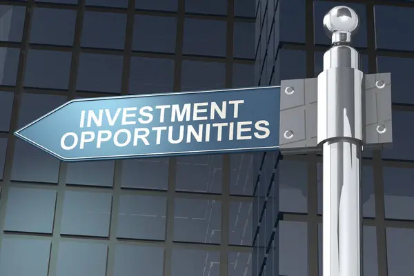 Investment Opportunities Word Road Sign Building Background Rendering — Stock Photo, Image