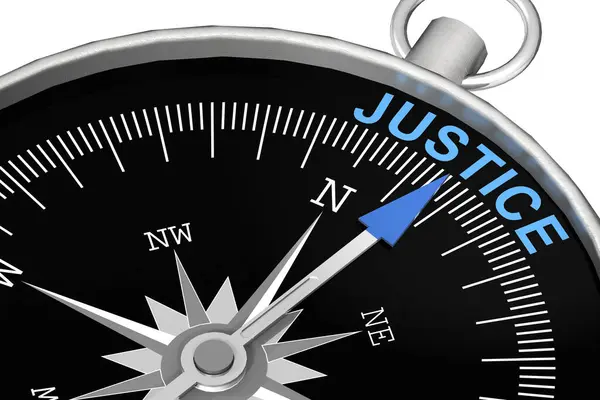 Justice word on black compass, 3d rendering