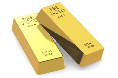 Beyaz arkaplanda izole edilmiş altın çubuklar kümesi, 3d oluşturma