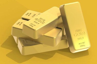 Sarı zemin üzerinde altın külçeler, 3D görüntüleme