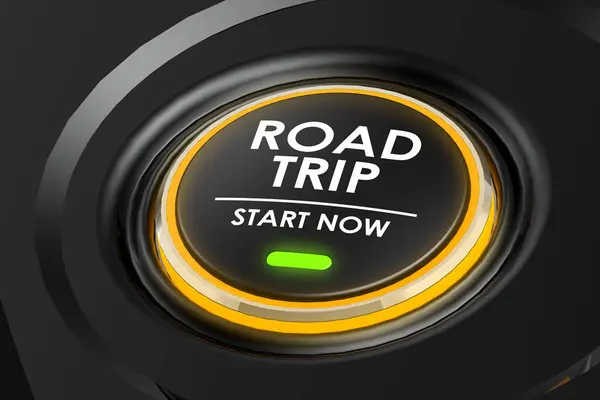 Road trip start now on black button, 3d rendering