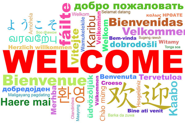 Welcome word cloud in different languages, 3d rendering