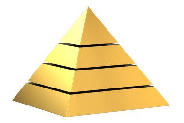 4 bölümden oluşan altın piramit izole edilmiş, 3d biçimlendirilmiş
