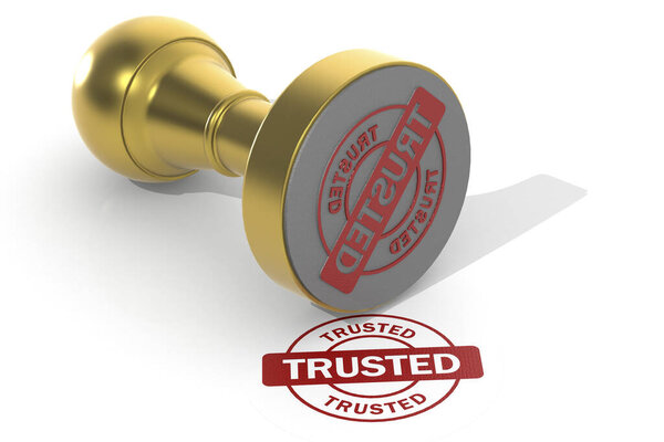 Trusted word on round stamp, 3d rendering