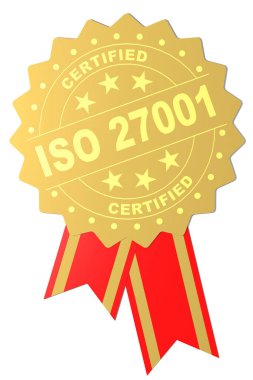 ISO 27001 'in altın mühür sertifikalı sözü, 3D tasvir. ISO 27001, bilgi güvenliğine odaklanan önde gelen uluslararası standarttır
