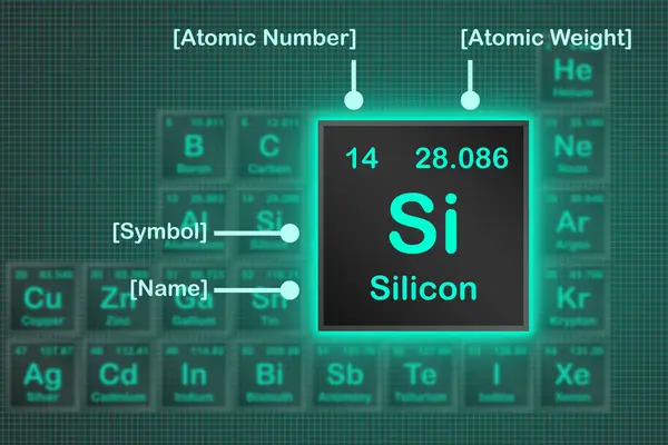Silicon element from periodic table with the neon light square grid , 3d rendering