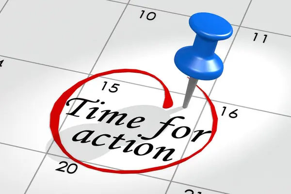 Time for action word marked on calendar with push pin, 3d rendering