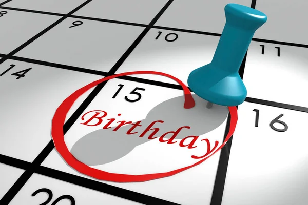 プッシュピン 3Dレンダリングでカレンダーにマークされた誕生日単語 — ストック写真