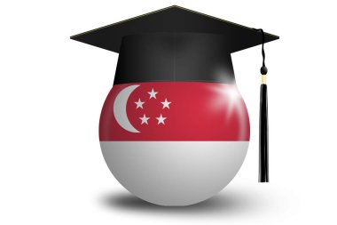 Mezuniyet şapkası ve Singapur bayrağı ile eğitim konsepti, 3D görüntüleme
