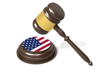 Beyaz zemin üzerinde ABD bayrağı bulunan tahta çekiç tokmağı.