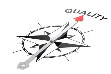 Kaliteli sözcüğü gösteren pusula izole edilmiş, 3d biçimlendirme