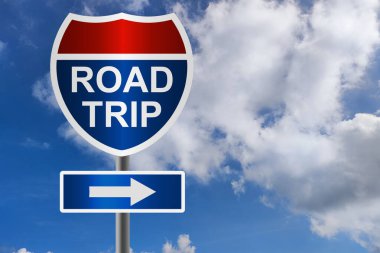 Yol gezisi kelimesi kırmızı ve mavi yol işareti, 3 boyutlu çizim