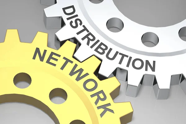 Distribution network word on metal gear, 3d rendering