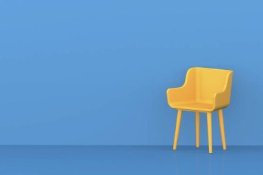 Mavi arka planlı parlak sarı koltuk, 3D görüntüleme