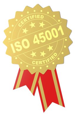 ISO 45001 Altın Mühür sertifikalı kelime, 3D tasvir. ISO 45001: 2018, mesleki sağlık ve güvenlik (OH & S) yönetim sistemi için gereksinimleri belirtiyor