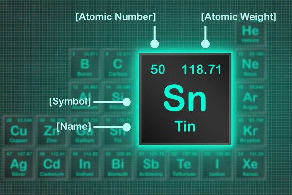 Tin element from periodic table with the neon light square grid , 3d rendering