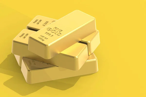 Gold bullions on yellow background, 3d rendering