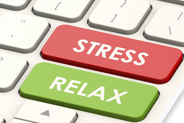 Stress and relax word on white keyboard, 3d rendering