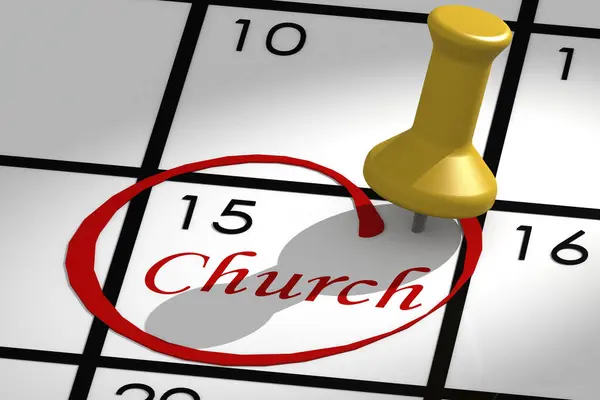 Church word marked on calendar with push pin, 3d rendering