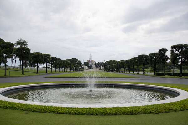 Manila, Philippines- 16 Oct 2023: Fountain in Manila American Cemetery and Memorial, Philippines. It is open seven days a week from morning until late afternoon.