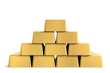 Beyaz arkaplanda izole edilmiş altın külçeleri yığını, 3 boyutlu görüntüleme