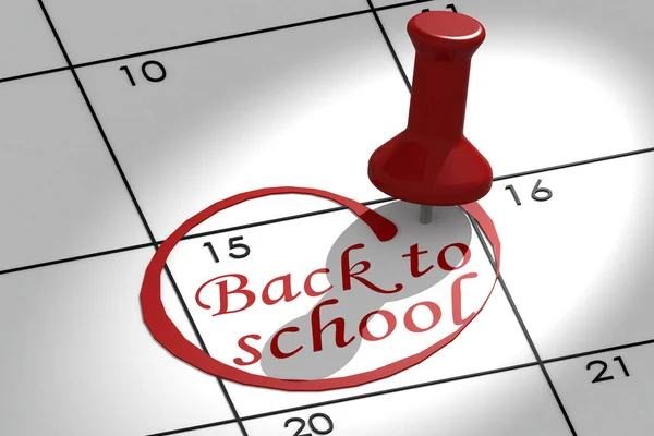 Back to school word marked on calendar with push pin, 3d rendering