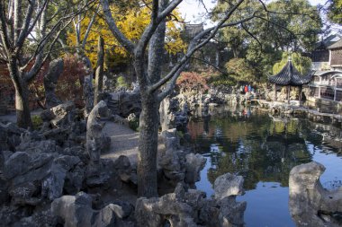 Suzhou, Çin - 7 Aralık 2023: Çin 'in Suzhou kentindeki Lion Grove Garden' da sonbahar manzarası. Diğer klasik Suzhou bahçeleri UNESCO olarak tanınır.