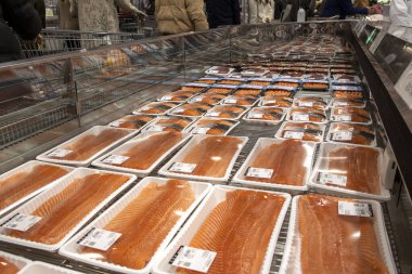 Shanghai, China- 3 Dec, 2023: Fresh salmon in packing sell in supermarket. 