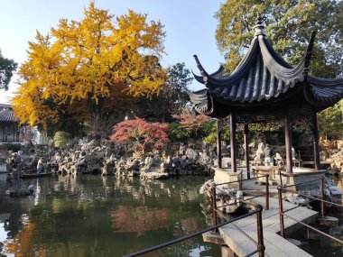 Suzhou, Çin - 7 Aralık 2023: Çin 'in Suzhou kentindeki Lion Grove Garden' daki kaya ve göl üzerindeki sonbahar manzarası. Diğer klasik Suzhou bahçeleri UNESCO olarak tanınır.