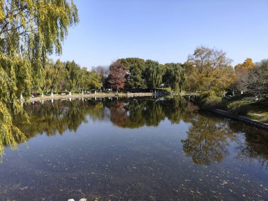 Nanjing, Çin - 2 Aralık 2023: Nanjing 'deki Xuanwu Gölü' nün sonbahar dönemi görüntüsü. Xuanwu Gölü, Çin tarafından korunan güzel manzaralı bir yerdir.