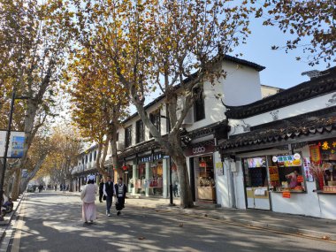 Suzhou, Çin - 6 Aralık 2023: Sonbahar sezonu sırasındaki Suzhou Caddesi manzarası. Suzhou, Jiangsu ilinin güneydoğu kıyısında yer alan büyük bir şehirdir.