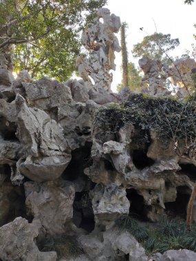 Suzhou, Çin - 7 Aralık 2023: Çin 'deki Lion Grove Garden' ın içindeki güzel kayalar. Diğer klasik Suzhou bahçeleri UNESCO olarak tanınır.